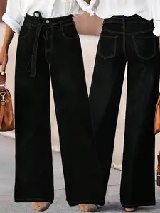 Women's Loose-Fitting Wide Leg Denim Jeans, High Waist Design with Belt, Comfortable and Stylish for Casual Fall & Winter Wear