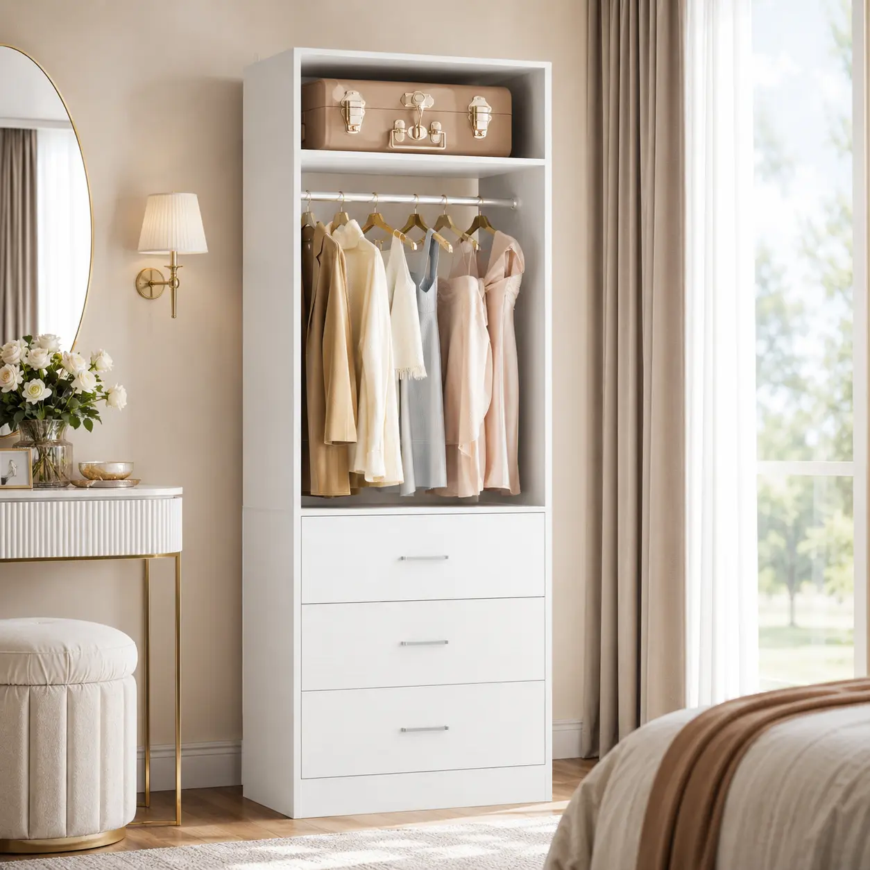 iSunirm Modern Armoire Wardrobe - 24" Width Freestanding Wardrobe Closet Rack, 3 Large Drawers, Rods, Top Storage, Heavy-Duty MDF Wooden Clothing Organizer, 600 lbs Capacity, Flat Base for Bedroom