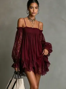 2026 New Women's Sheer Long Sleeve Halter Dress, Elegant Plain Drawstring Neckline, Lace Panel, Perfect for Parties and Casual Outing