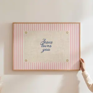 Jesus Loves You Christian Wall Art, Bedroom Wall Art, Cute Pink Vintage Wall Decor, Coastal Striped Art, Religious Dorm Room