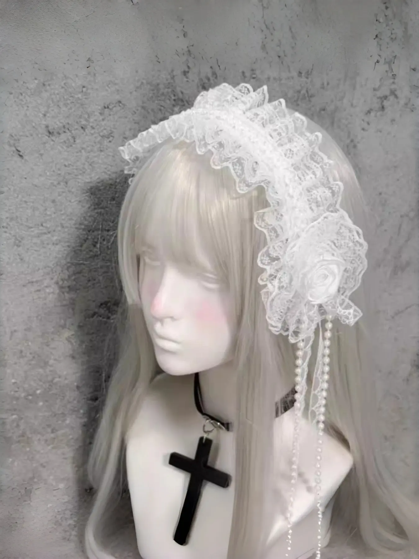 Women's Gothic Lolita Lace Rose Headband with Pearl Pendant, Vintage Lace Hair Band, Halloween Costume Accessory, Comfortable and Elastic Back to School Hair Accessories