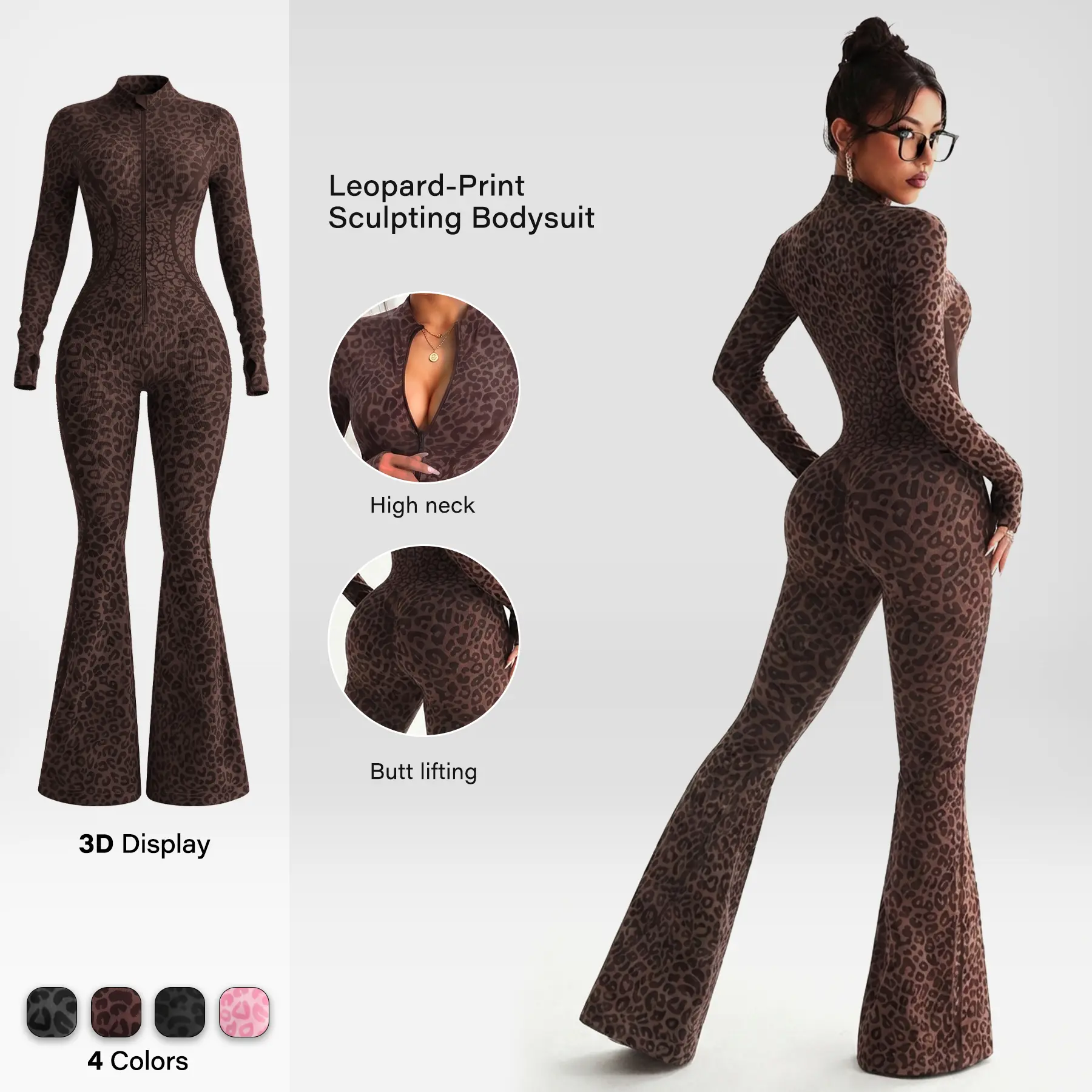Women's Leopard Print Athleisure Outfit Long Sleeve Zip Up Jumpsuit Flared Bell Bottom Yoga Bodysuit Sexy Slimming Bodycon Workout Romper with Thumb Holes Animal Print Unitard One Piece Fitness Suit Trendy Y2K Streetwear Apparel