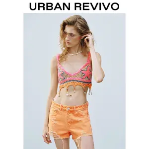URBAN REVIVO Women's Sleeveless Bohemian Bralette - Crochet Knit Texture, Starfish Motif, Beaded Fringe, Shell Charm, Skinny Cut Crop Top for Boho Outfits UYL950066