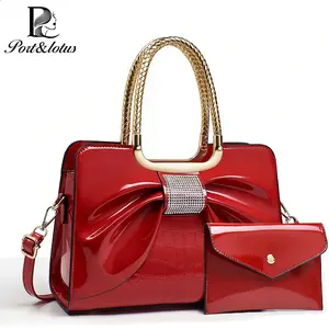 Port&Lotus Medium Capacity Glamorous 2-Piece Satchel Set for Women with Oversized Rhinestone-Embellished Bow & Braided Gold-Tone Handle