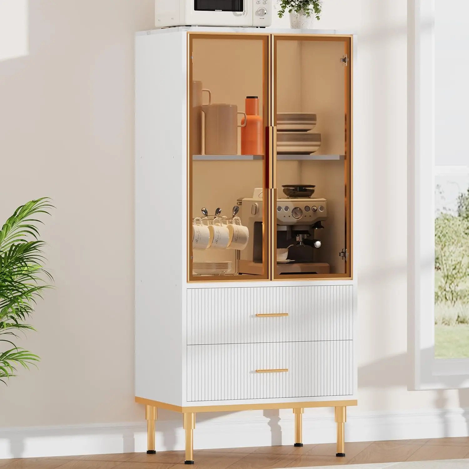 Modern Credenza Cabinet - White Fluted MDF Sideboard with Glass Doors, 2 Drawers, Adjustable Shelves, Trapezoid Legs, Easy Setup for Kitchen Pantry, Living Room Display, Storage Cabinet Sideboard