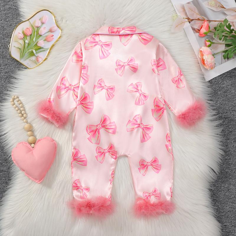 Baby Girls Pajamas, Long Sleeve Bow Print Furry Patchwork Button Closure Jumpsuit Sleepwear Loungewear Baby Girls Pajamas, Long Sleeve Bow Print Furry Patchwork Button Closure Jumpsuit Sleepwear Loungewear