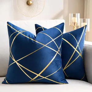 Navy Blue Velvet Decorative Throw Pillow Covers 20x20 Luxury Bronzing Printed Pillowcase Blue And Gold Throw Pillows Soft Cushion Cover For Sofa Couch Bed Living Room Car Home