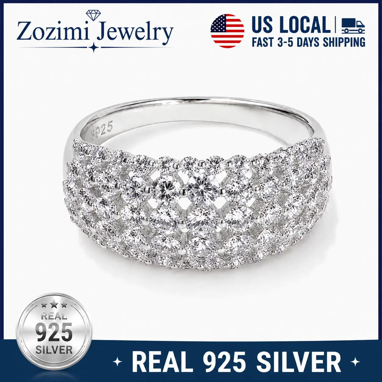 S925 Sterling Silver Full Pave Multi-Row CZ Dome Wide Band Sparkling Cluster Simulated Diamond Cocktail Statement Ring Hypoallergenic Luxury Bridal Wedding Jewelry Anniversary Valentine Gift For Her Women