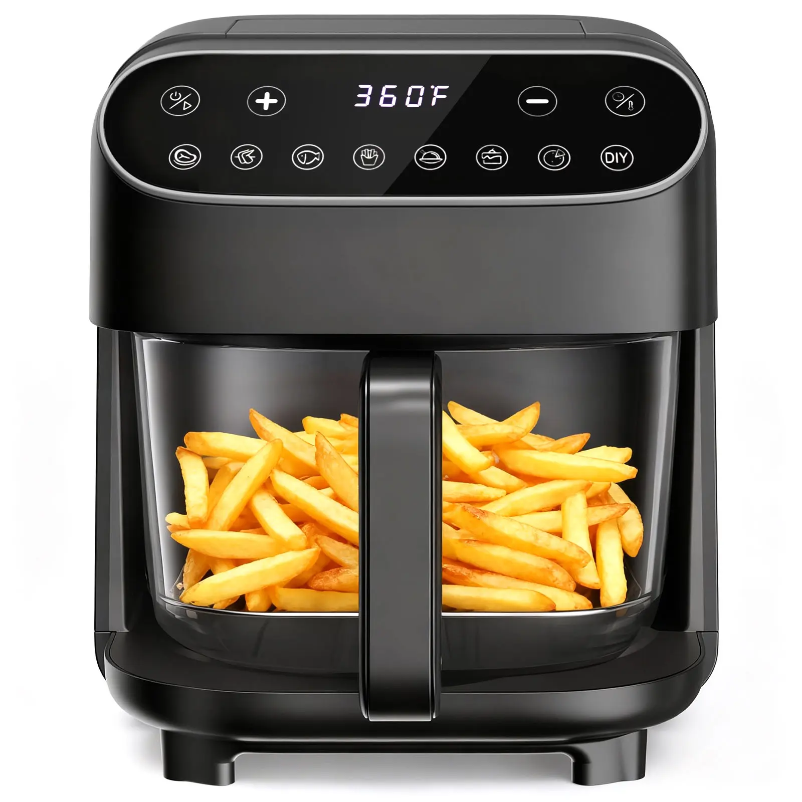 Electactic 4.5 QT Glass Air Fryer - PFAS-Free & Dishwasher-Safe Basket, 8 Preset Touchscreen, 360° View Cooking, for Healthy Meals in Minutes - Black
