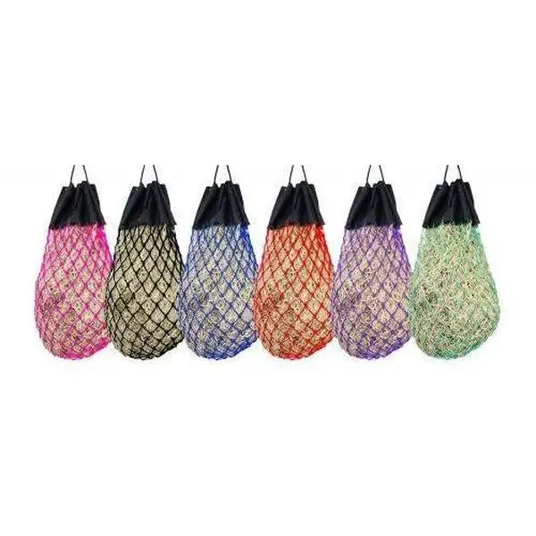 Easy-fill slow feed nylon hay bag with drawstring top closure Easy-fill slow feed nylon hay bag with drawstring top closure