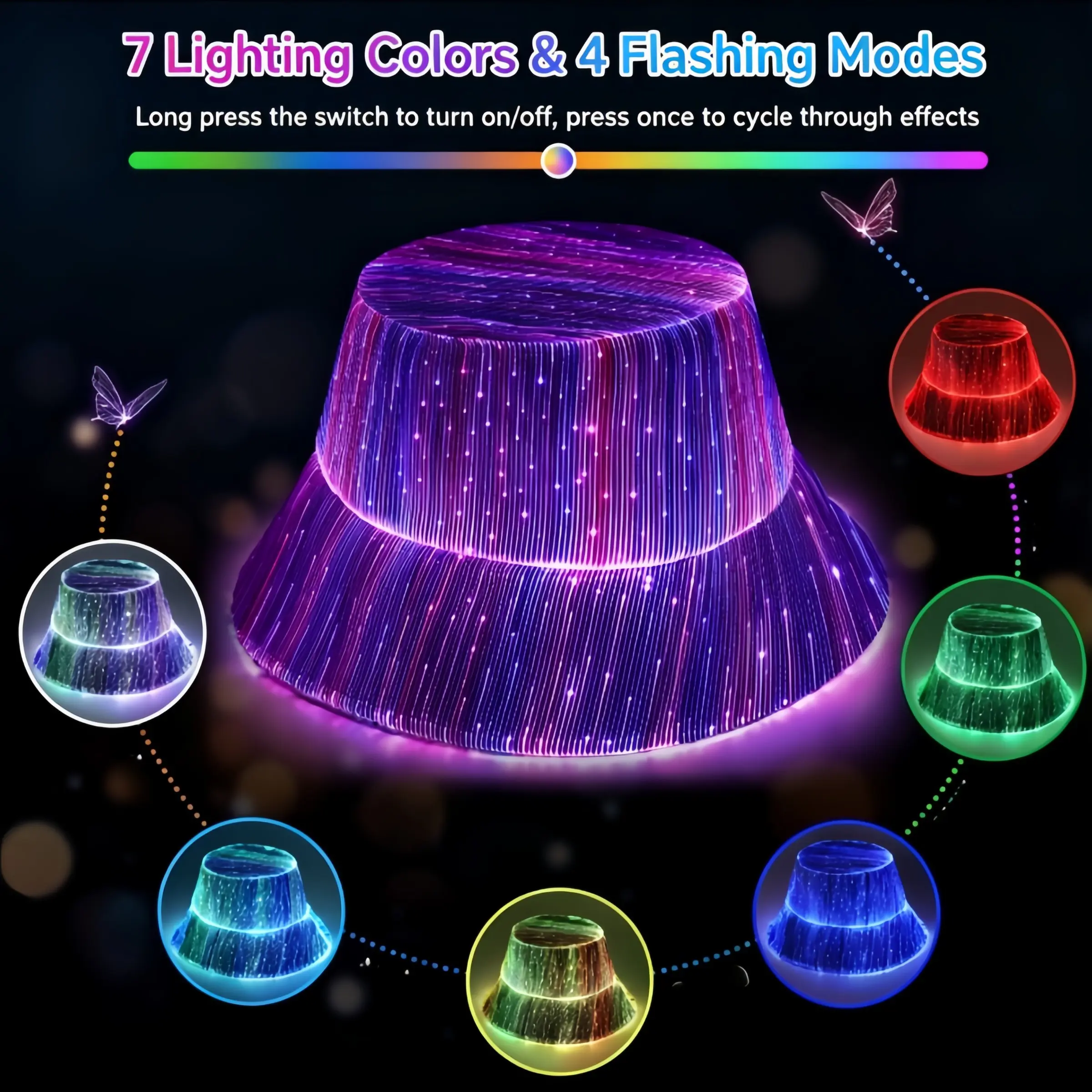 LED Party Bucket Hat, Glow Fishing Cap, 7-Color Night Light, USB Rechargeable, EDM Festival Gear, Fun Accessory for Events, Glow in the Dark LED Hats, Party Supplies
