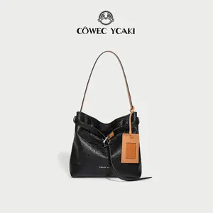 CÔWEC YCAKI Women's Crossbody Bag Double Leather & Synthetic Fabric Casual Shoulder Bag in Black & Light Blue Jacquard 29x31.5x12.5 cm