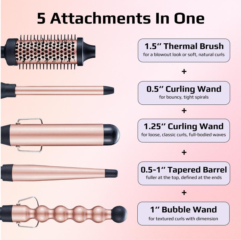 5‑in‑1 Curling Wand Set with Thermal Brush, Interchangeable Ceramic Curling Barrels 0.5” 1” 1.25”, Tapered & Bubble Curling Wand, Instant Heat Curling Iron, Blowout Brush Styling Tool for Loose Waves, Tight Curls, Volume, Bangs, Rose Gold
