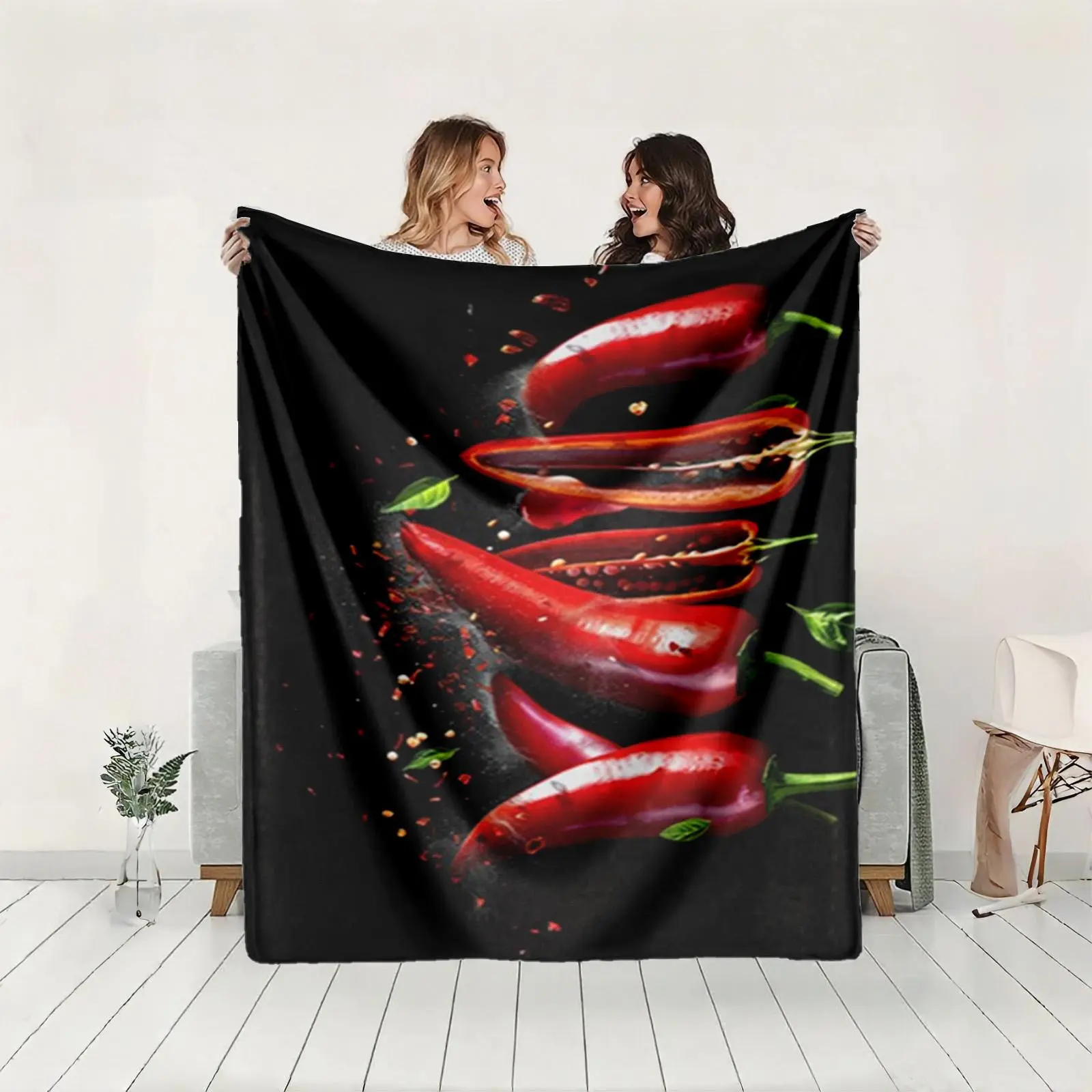 1 piece The spicy and tempting aroma of fresh red chili peppers themed flannel blanket - Modern-style all-season flannel blanket, suitable for sofas and beds, super soft and comfortable, digital print design, 100% polyester material, machine