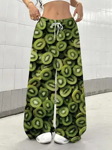 Women's Kiwi Full-Print Drawstring Loose Wide-Leg Pants, Casual Long Trousers for Daily Wear, Stylish Piece