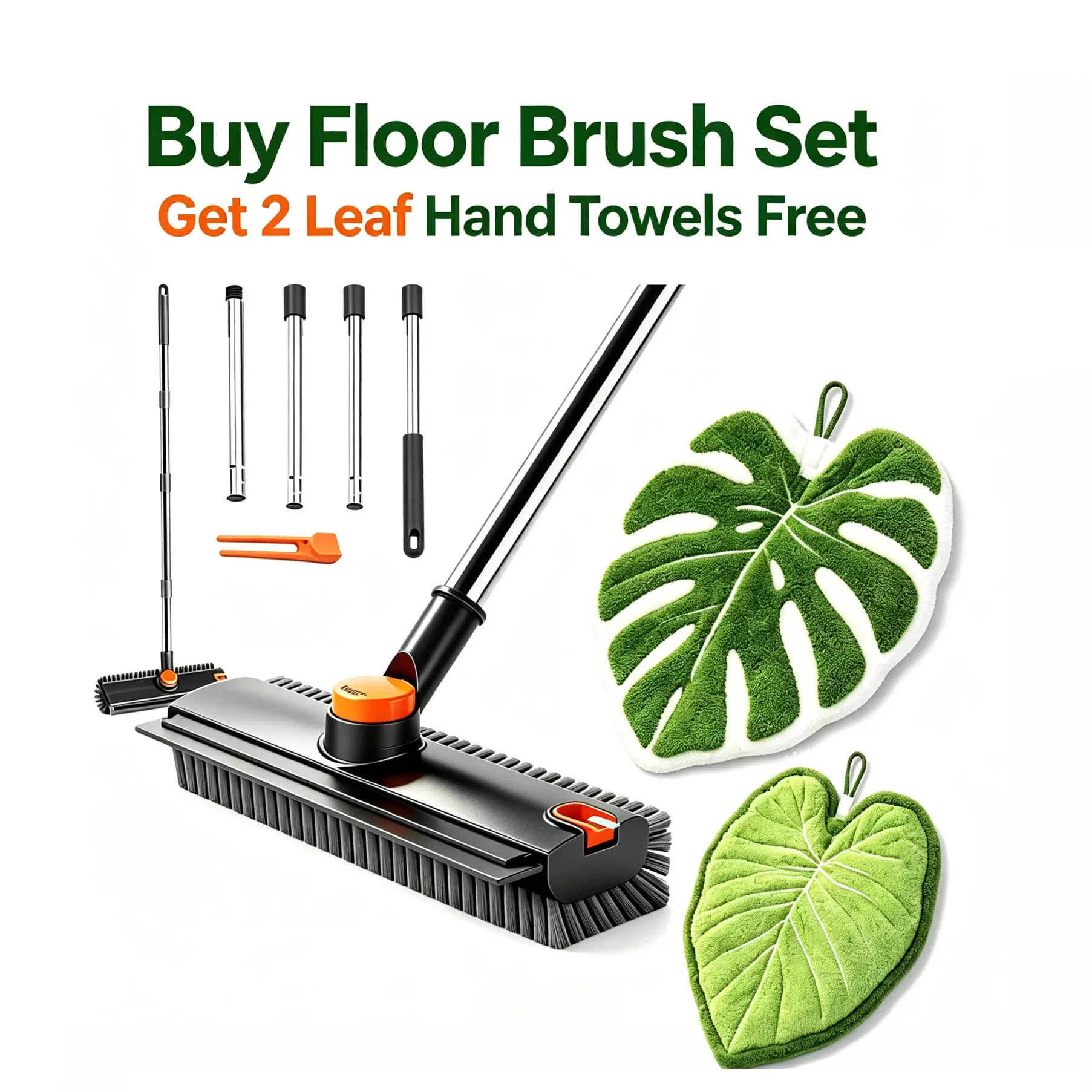 3-in-1 Plastic Floor Scrub Bathtub Brush with Long Handle - Double-Sided Heavy-Duty Stiff Bristles, Scrubber Squeegee Combo, Gift Set (Free 2 Leaf Hand Towels) for Home Bathtub Cleaning Essentials, Floor Brush with Free Hand Towel