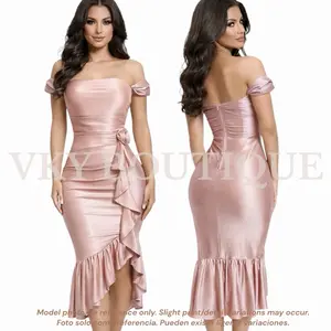 Elegant Off-Shoulder Satin Ruffle Rose Midi GU Dress