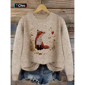 Women's Fox & Leaf Print Drop Shoulder Sweater, Casual Long Sleeve Round Neck Jumper for Fall & Winter, Fashion Ladies' Knitwear for Daily Wear, Tops(Sheet)