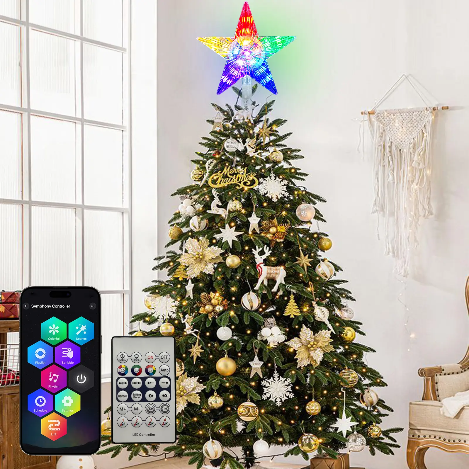 Christmas Tree Topper Star 7" LED with App Remote Control, RGB Night Light Ornaments Treetop, Small Xmas Tree Home Decoration, USB Plug in/Wire 9.84Ft, christmas 2024 ornaments