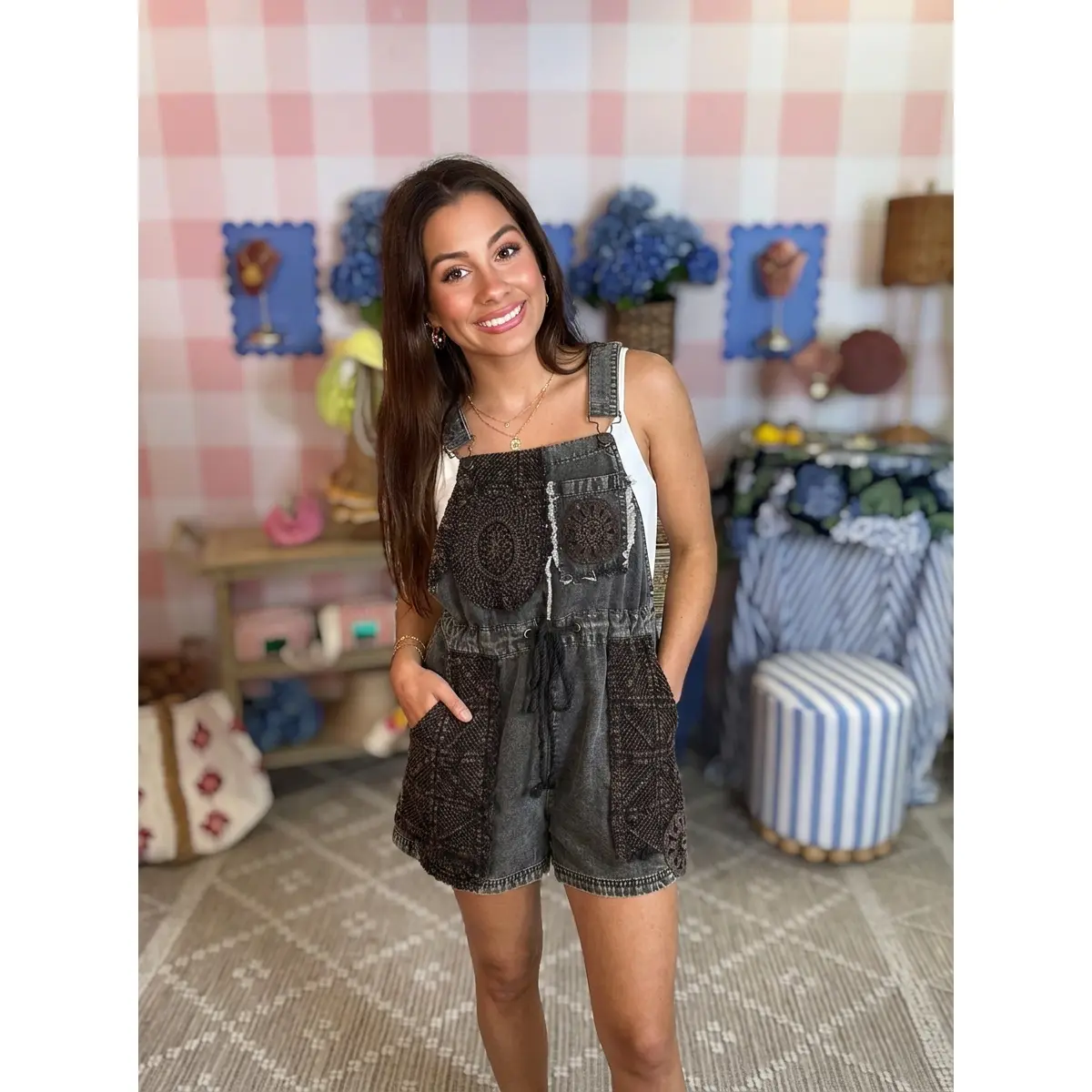 Black Washed Crochet Patchwork Denim Overall