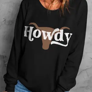 Black HOWDY Steer Head Print Long Sleeve Sweatshirt