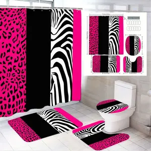 4pcs Bold Neon Pink Animal Print Bathroom Ensemble with Shower Curtain, Toilet Lid Cover, and Luxe Bath Mats - Chic Zebra Stripes & Leopard Spots for a Vibrant, Stylish Holiday Refresh! Perfect for Modern Decor!