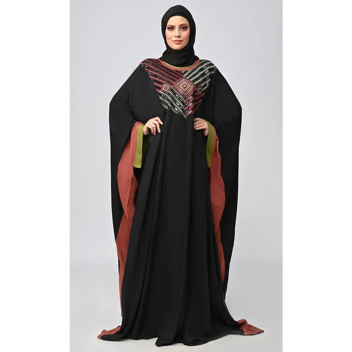 Black Islamic Sequins Detailing Kaftan Style Abaya