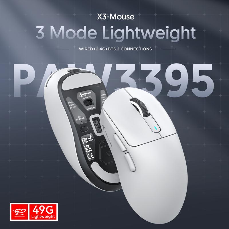 ATTACK SHARK X3 Wireless Gaming Mouse PAW3395 Superlight 49g SUPERLIGHT, PixArt PAW3395 Gaming Sensor, BT/2.4G Wireless/Wired, 6 Adjustable DPI up to 26000, 200 hrs Battery