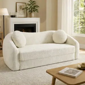 ARCH 86 Inch Curved Convertible Sofa Recliner 2-in-1 Frameless Folding Sofa Bed with Pull-Out Base Deep Seat Chenille Beige Two-Seater Living Room Couch No Assembly Required, Beige Color Options, Chenille Material, 2 Seat Seat Count