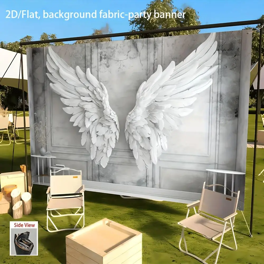 1pc Elegant White 2D Flat Angel Wings Decorative Banner - Polyester Flat Fabric Backdrop with Extended Span, No Electricity Needed, Easy-Hang Adhesive Strips for Hanging at Wedding, Birthday Party Decorations,summerwins
