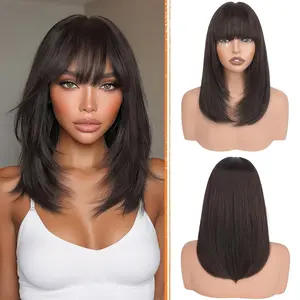 Brown Bob Wigs with Bangs Shoulder Length Straight Natural Looking Synthetic Heat Resistant Medium Hair Wigs for Women Daily Party, 16 Inch Dark Brown