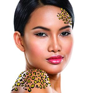FashionTats Leopard Temporary Tattoos & Fur Ears Black & Gold Metallic Halloween Costume Kit Skin Safe Made in USA Removable Face Body Art