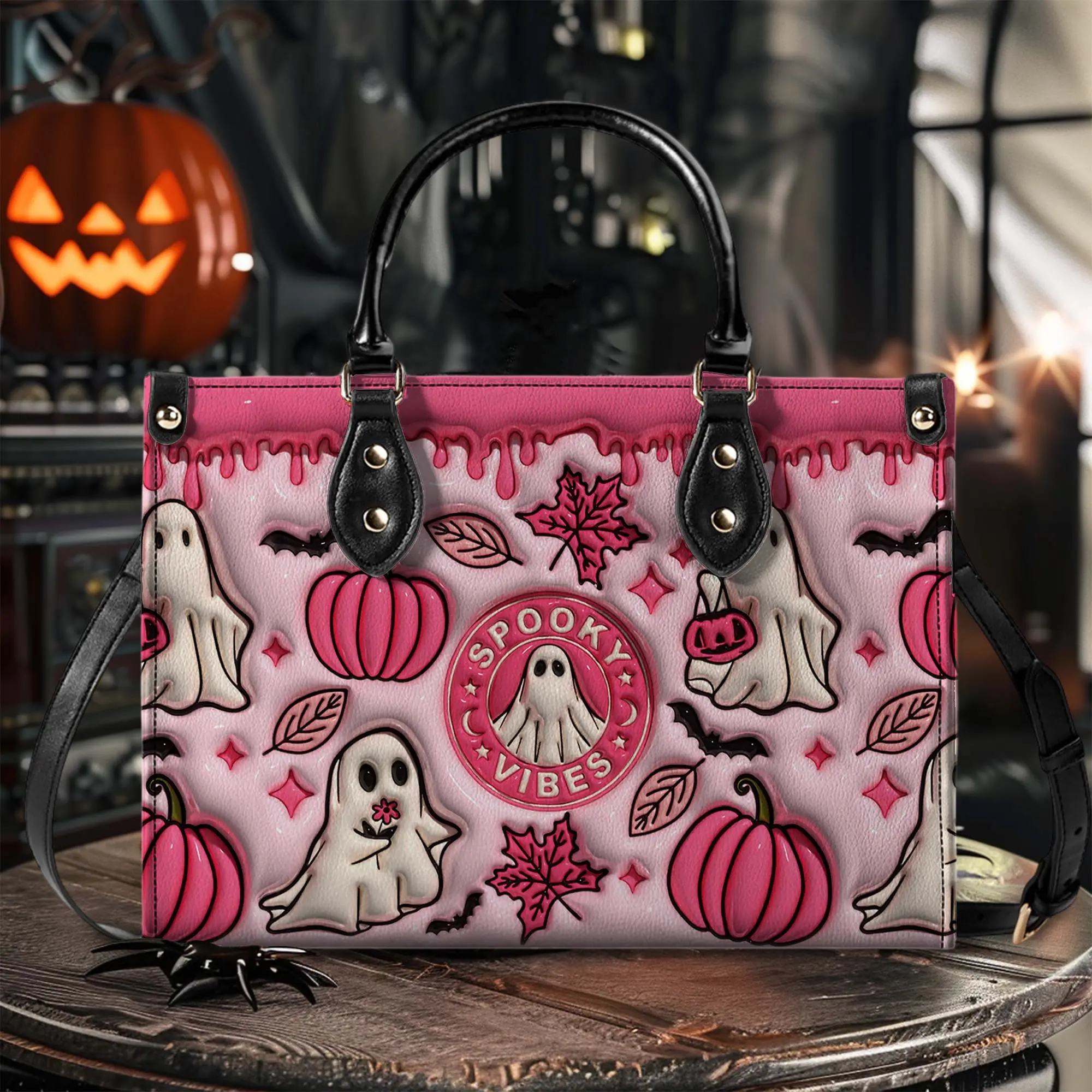 Pink Spooky Vibes Halloween Leather Handbag for Women, Cute Ghost Pumpkin PU Leather Tote Bag, Pink Halloween Shoulder Purse, Fall Fashion Handbag, Witchy Accessories, Trick or Treat Gift, Cute Halloween Gift for Her