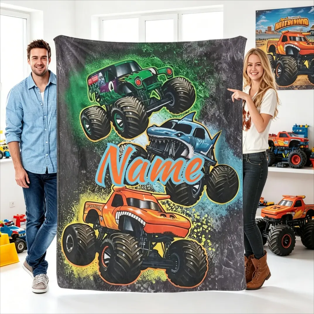 Cozy Style Custom Name Print Monster Truck Racing Flannel Blanket - Personalized Text, Number Design Soft Plush Fleece Throw for Kids, All-Season Bed Sofa Gift, Custom Name Print Blankets