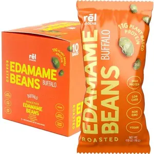 Rēl Snacks Roasted Edamame by Fred's Farm - Buffalo, Low Calorie (0.9oz, 10-Pack) | Keto-Friendly, Low Carb, High Protein (11g) | Vegan | Ideal Crunchy Snack for Office and On-the-Go