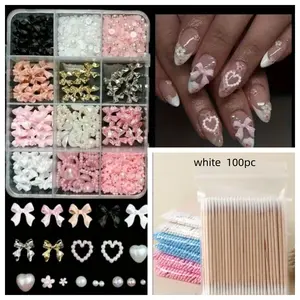 Sweet Girl Nail Art Kit with Cleaning Cotton Swabs, Butterfly Pearl Heart Rhinestones, Disposable Cotton Swabs, DIY Nail Care Set Nail Design Kit Manicure