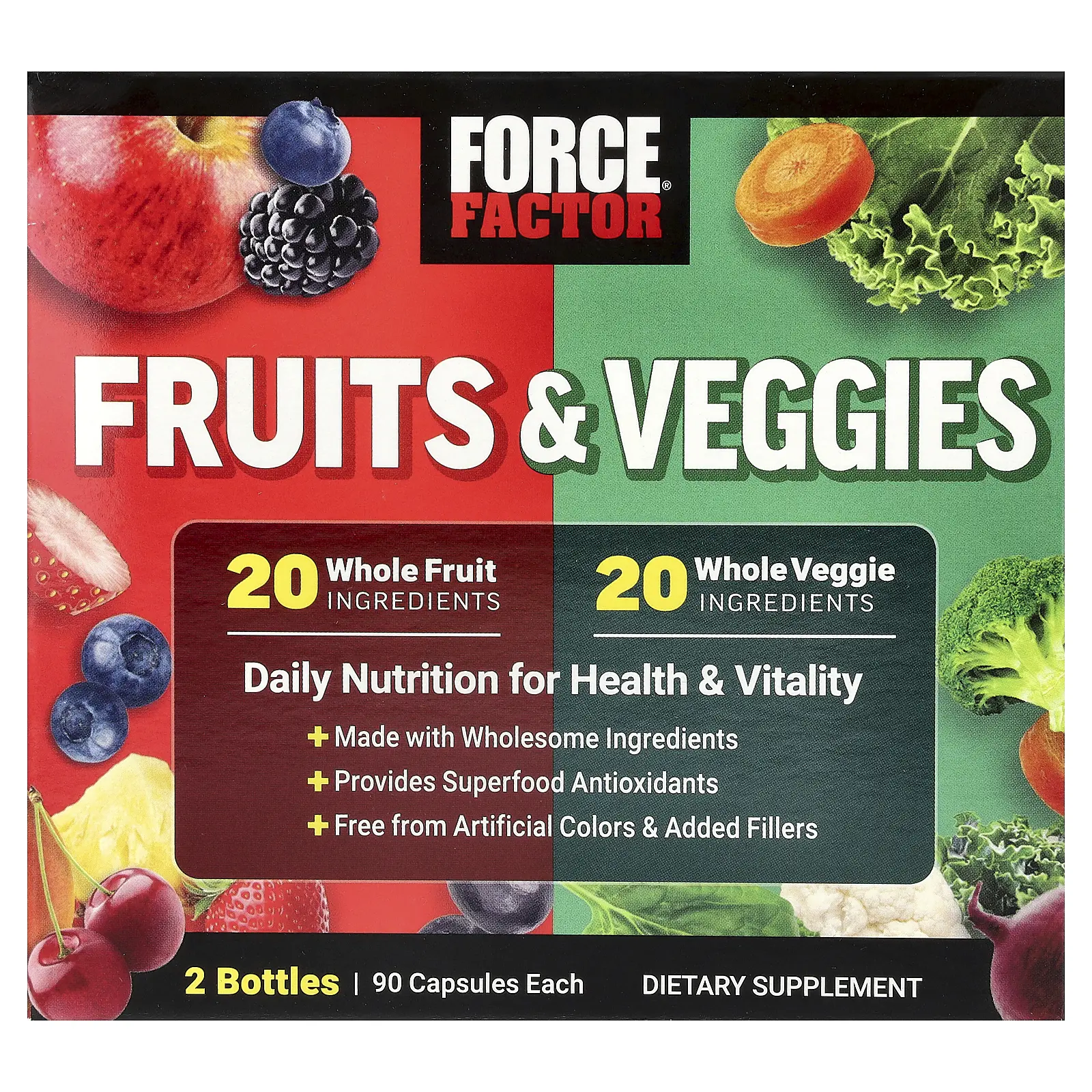 Force Factor Fruits And Veggies, 2 Bottles, 90 Capsules Each
