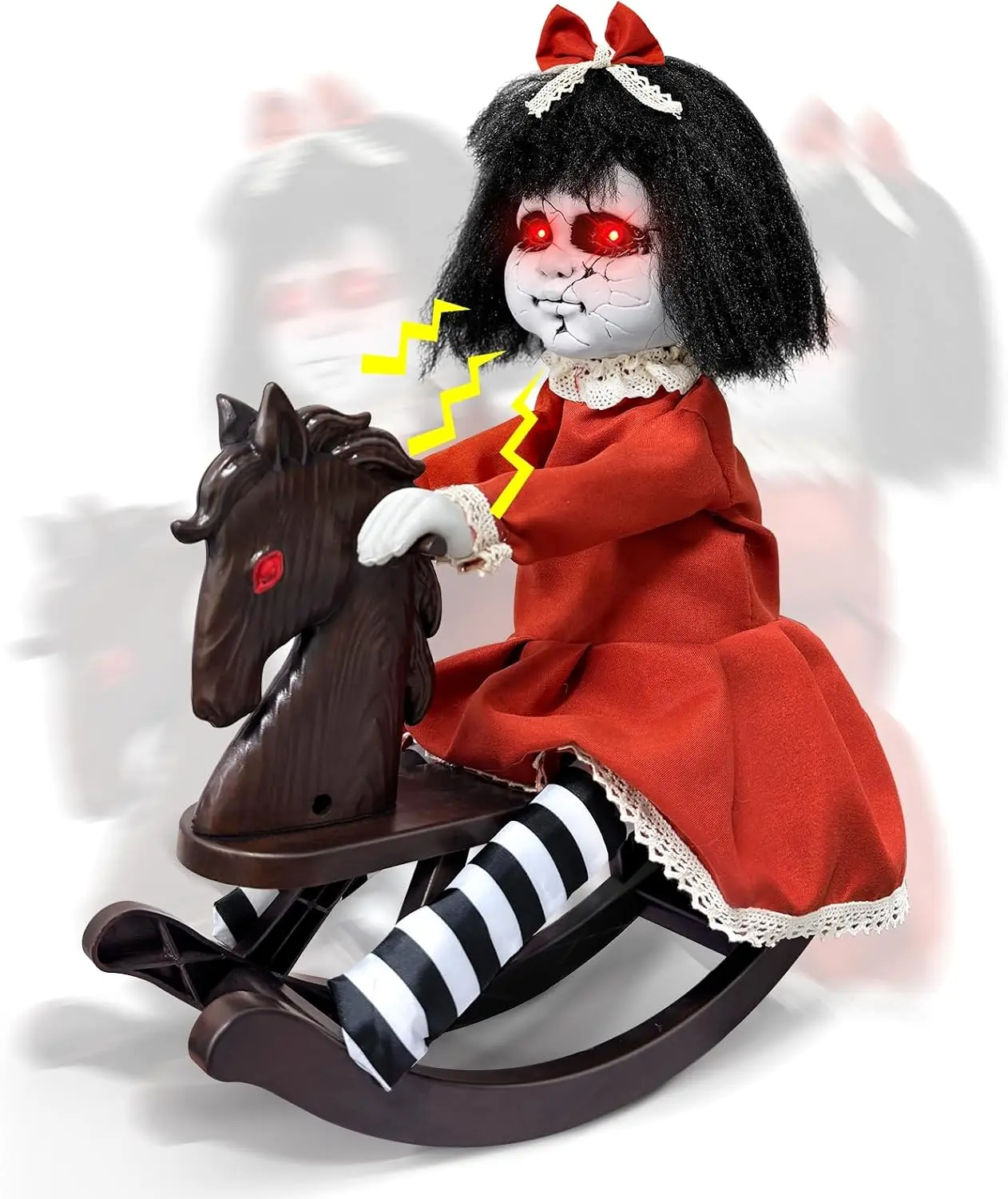 Halloween Animatronic Decorations Girl Doll on Rocking Horse with Lights | Creepy Sound, Light Up Eyes, Sound Activated Halloween Haunted-House Style Holiday Decor Prop for Table Indoor Outdoor Yard