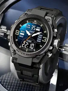 Durable Sports Watch with Dual Display Screen, Date & Day Show, Ideal for Outdoor Adventures, Summer Vacations, Art Festivals, Water Resistant Watch