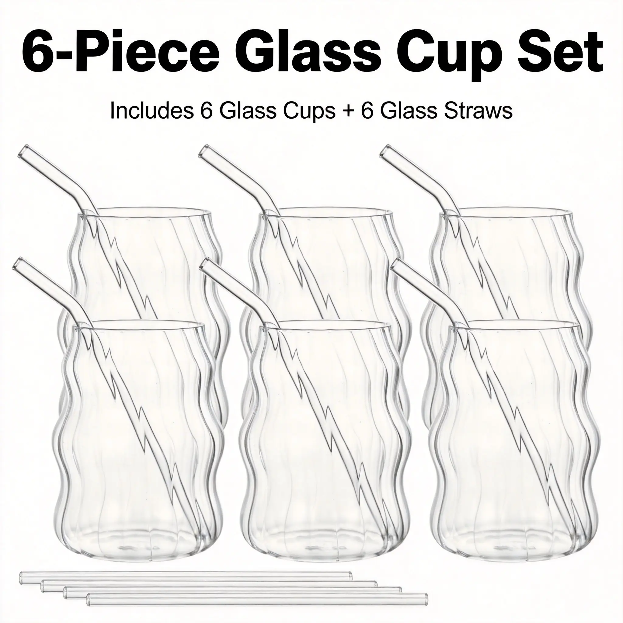 6-Piece Wavy Glass Cups Set with Glass Straws, 19oz Ripple Origami Drinking Glasses for Iced Coffee, Matcha, Juice & Cocktail