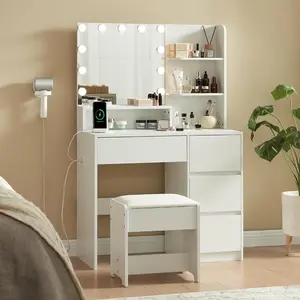 Makeup Vanity Set with Mirror and Lights - Small Vanity Desk with 4 Drawers, Power Outlet, USB Ports, Stool - Dressing Table with 3 Lighting Color Adjustable for Bedroom WhiteDressing table bedroom modern simple bedside table dressing table