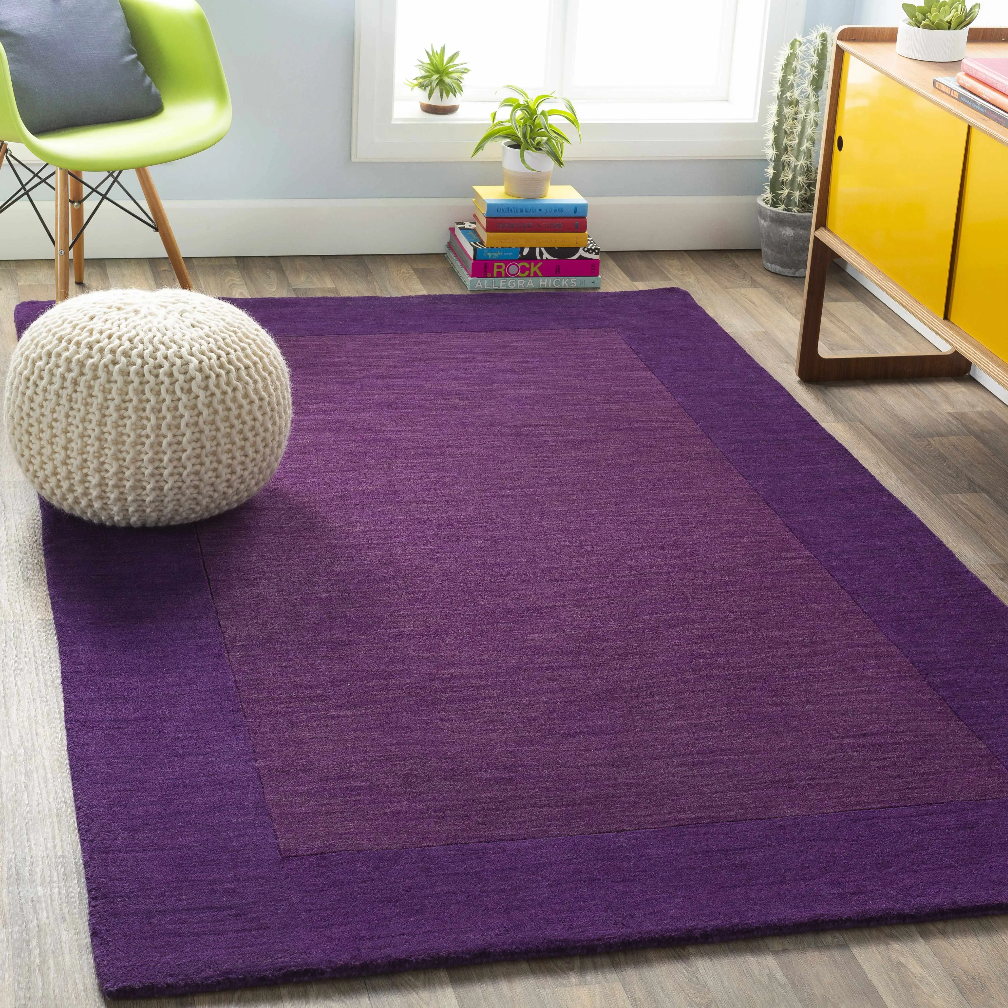 Bordered Solid Plum Purple Wool Rug