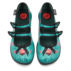 Hot Chocolate Design Bloomfang Women's Mary Jane Flat Teal with Red Rose Print & Black Bow Accents Double, Adjustable Buckle-Strap, Cushioned Inner Sole with Arch Support and Non-Marking Rubber Sole