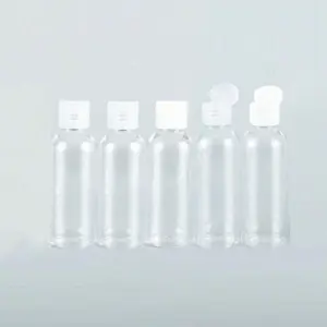 Five travel-sized leak-proof bottles with flip-tops, empty cosmetic sample dispensing containers, suitable for travel-sized cosmetics, travel essentials, empty transparent plastic bottles, refillable travel-sized cosmetic containers