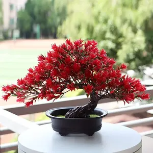 Fake Plants Plastic Artificial Bonsai Tree, RED Room Decor Bonsai Tree for Home /Bedroom /Farmhouse/ Office /Desk Decor, Tall 9.5"