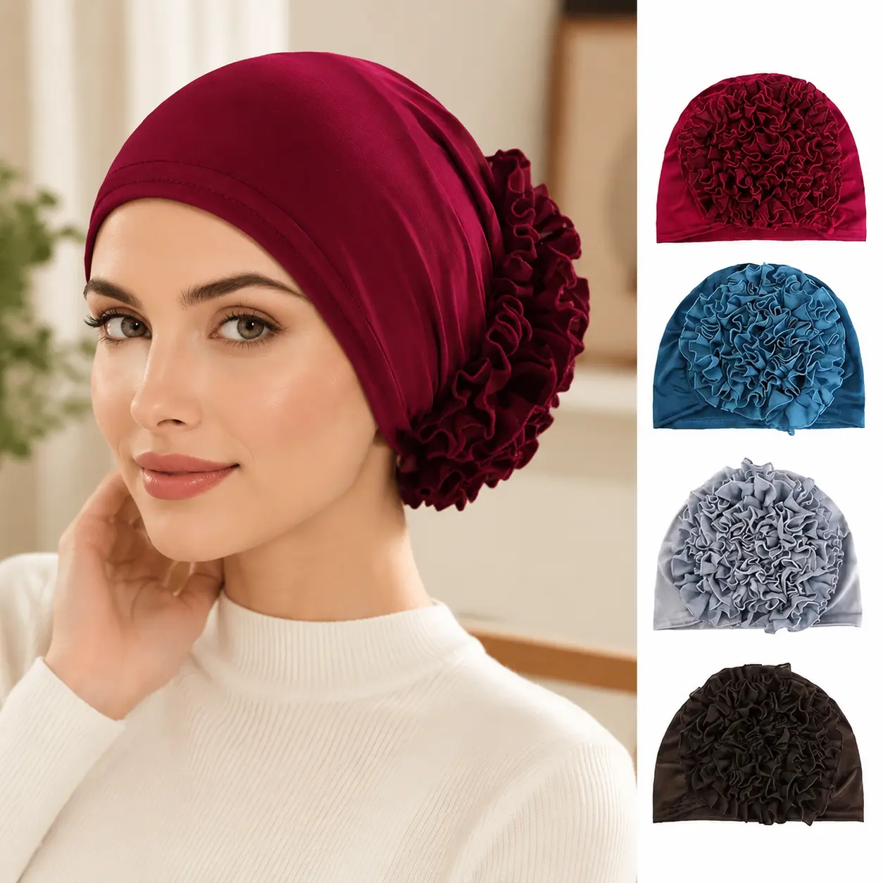 3 Pack Ruffled Chiffon Hijab Caps for Women, Stretchy Underscarf Head Cover, Breathable Muslim Headwear, Elegant Layered Ruffle Design, Comfortable Hair Cover for Daily Wear & Special Occasions
