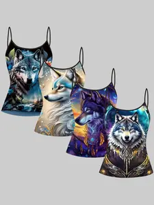 Dreamy Wolf Head Dreamcatcher Print Halter Top, Summer Home Sleepwear Outerwear, Unique Slim Fit Top Set of Four Pieces