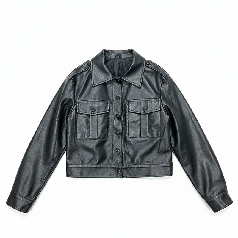 Lypobala Women's Black Faux Leather Cropped Jacket – Snap Button Front, Long Sleeve Moto Style