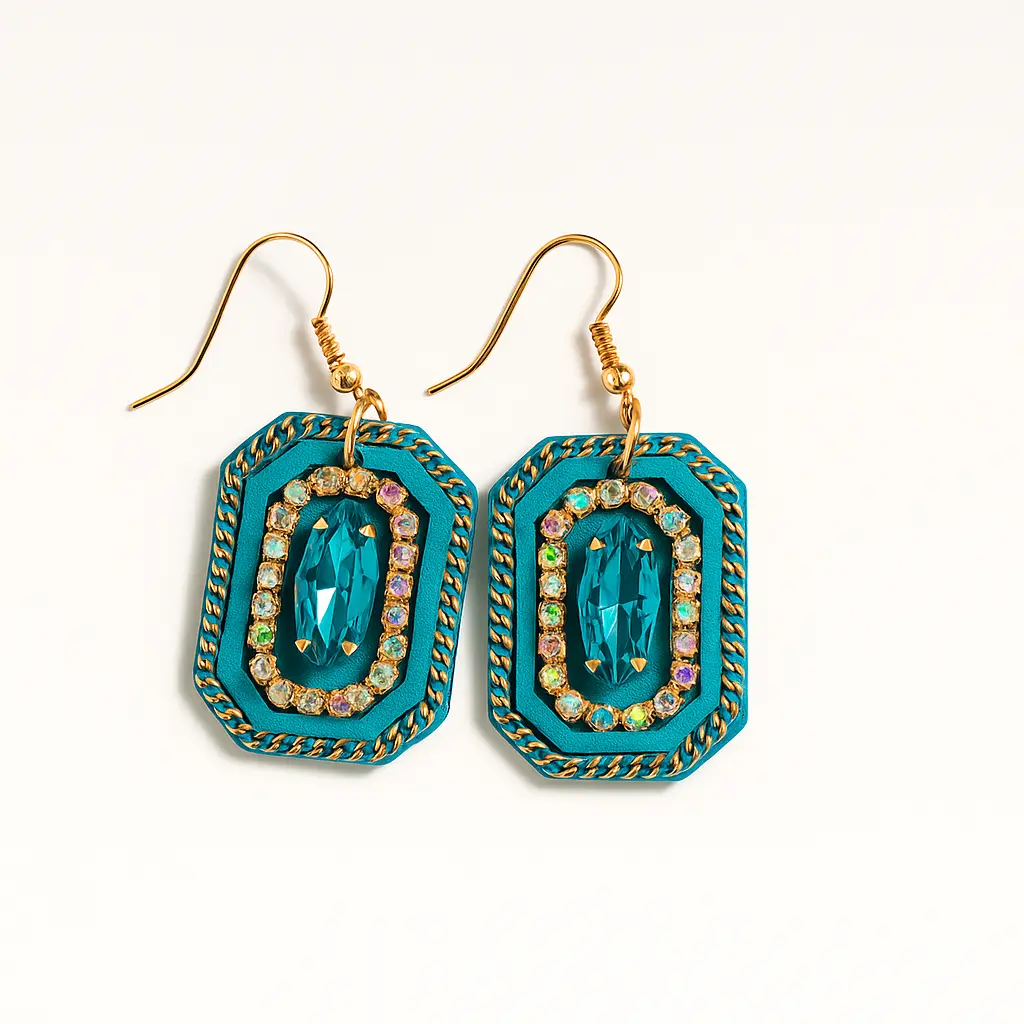 Vintage-Inspired Teal &amp; Gold Chain Drop Earrings with Crystal Accents