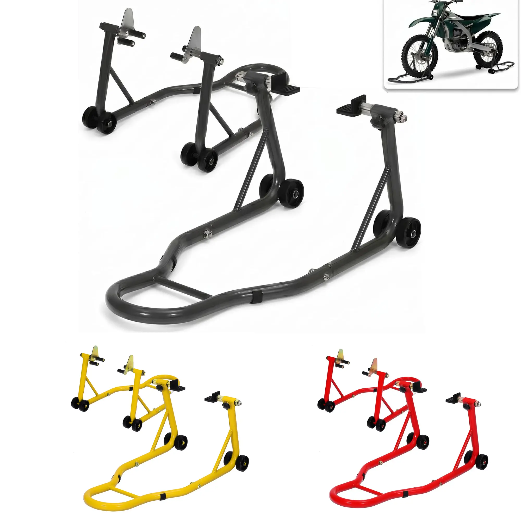 Heavy Duty Motorcycle Stand Set Front Rear, 900 Lbs Capacity, Paddok Stand Combo with Adjustable Prong Adapter+L Swingarm Spool for Garage Repair Maintenance, Black